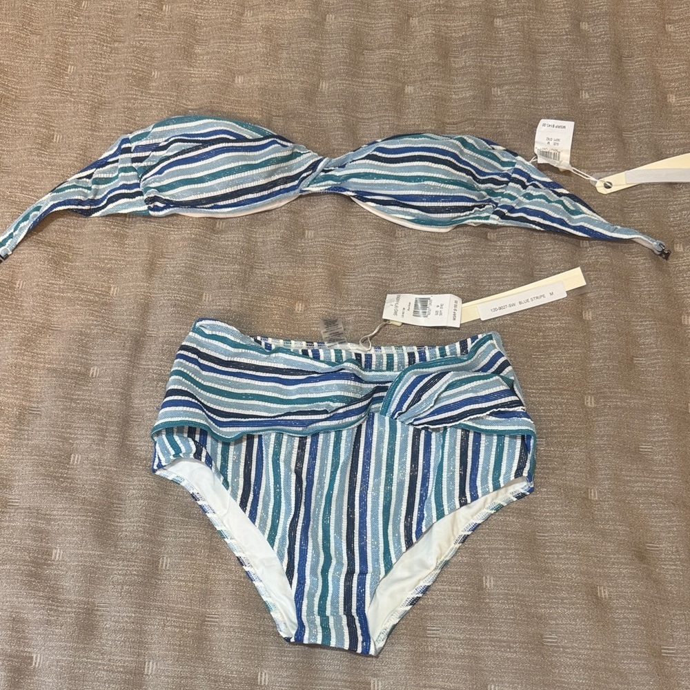 Teal and Navy Striped Bandeau Top and button